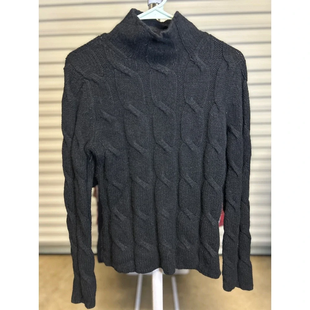 Eddie Bauer Sweater Womens Small Black Lambswool Angora Cable Knit Mock Neck UK